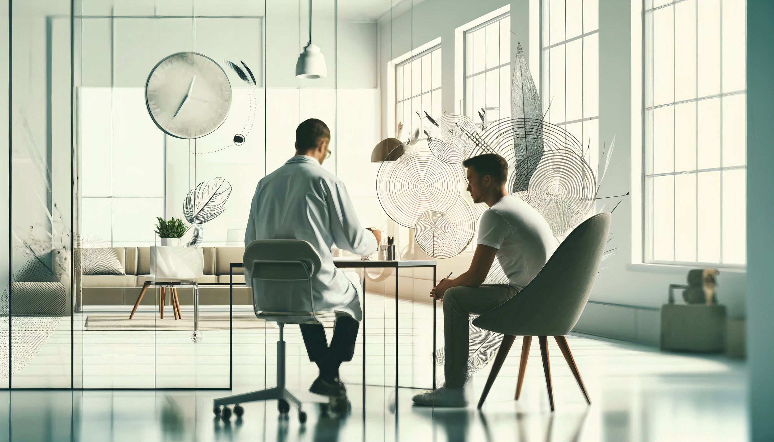 Doctor and patient in modern office with abstract wall art