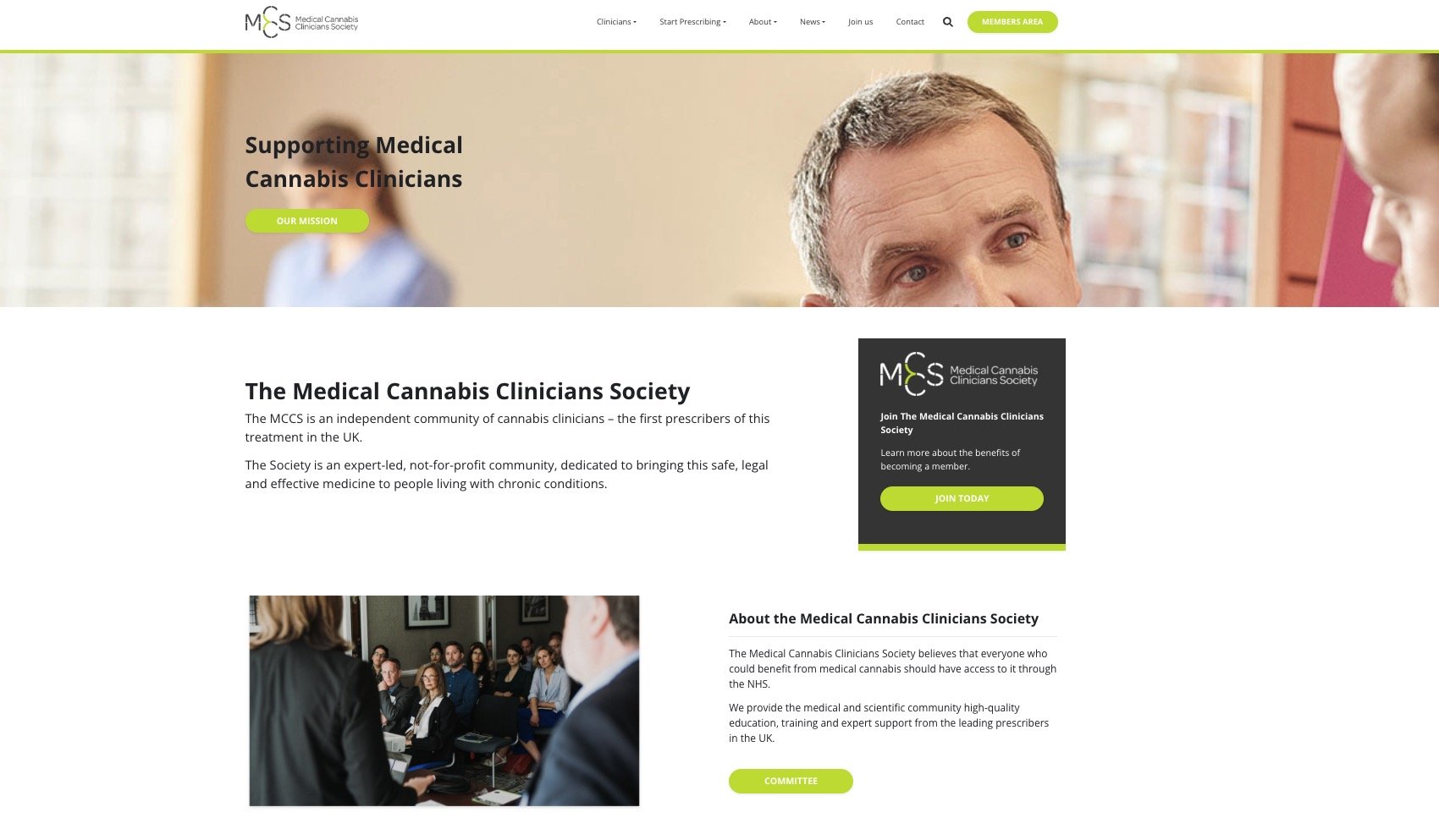 Website of Medical Cannabis Clinicians Society with mission statement and membership information.