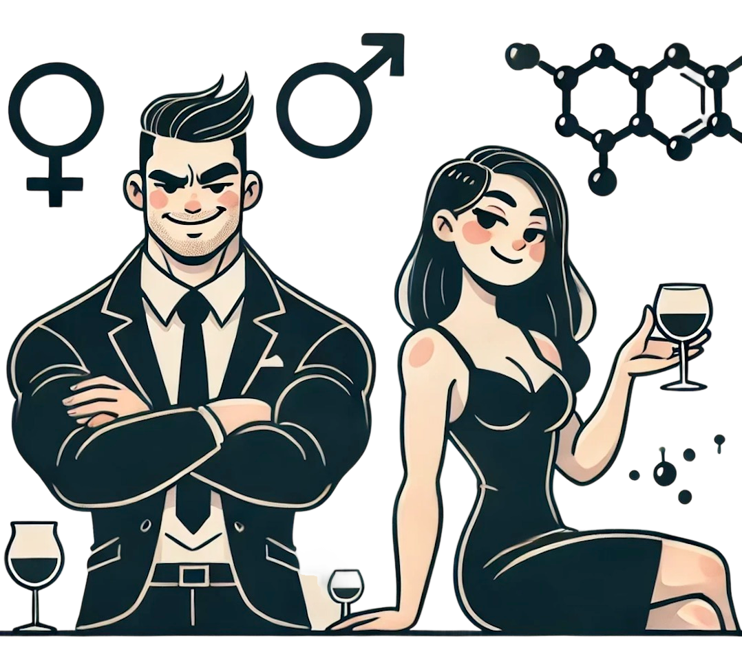 Cartoon man and woman in formal attire with gender symbols and wine glasses.