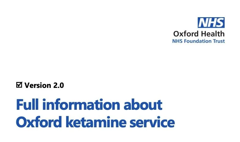 Title page of a document from NHS Oxford Health titled 'Full information about Oxford ketamine service'.