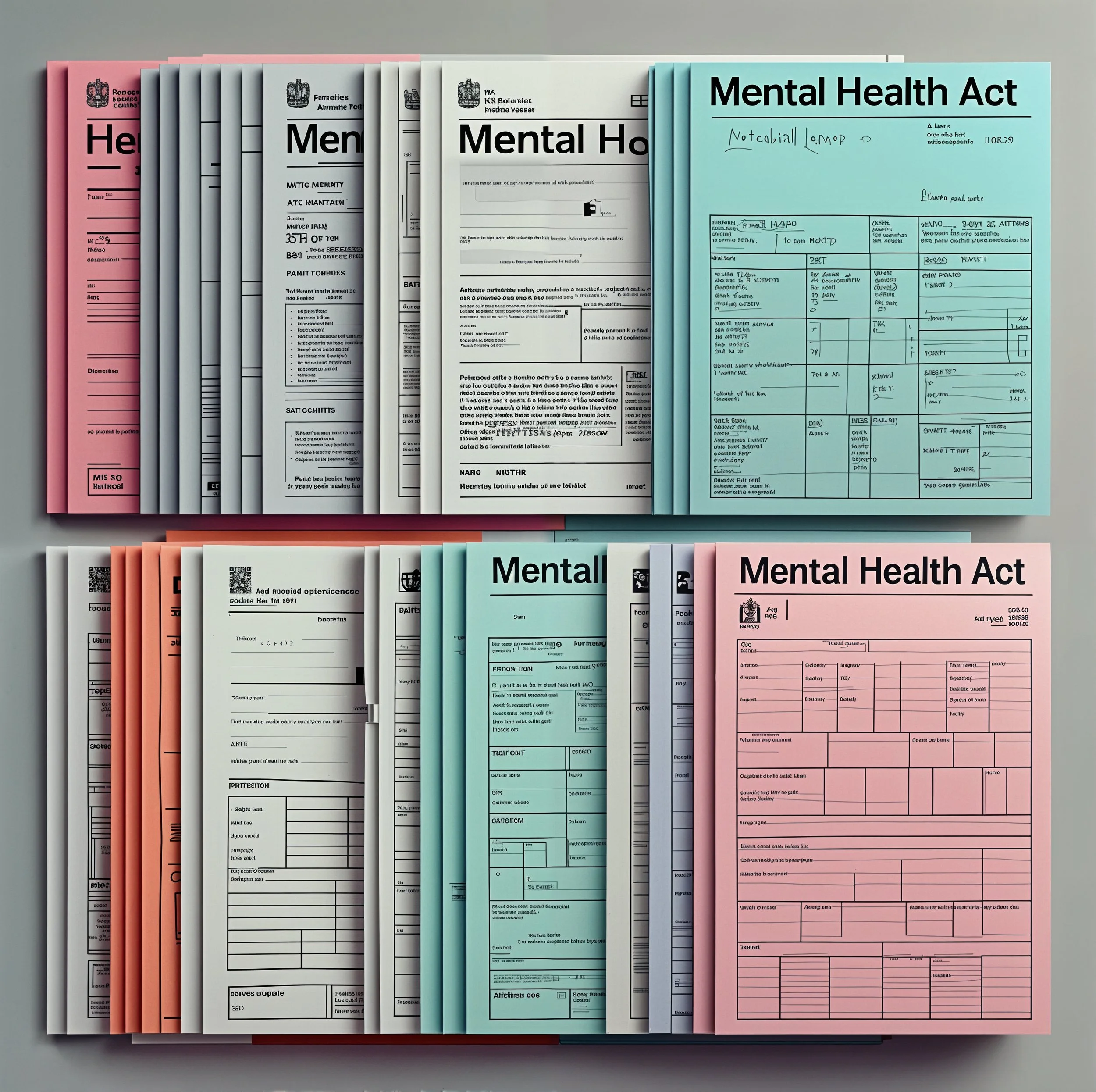 Assorted mental health forms and documents in various colors, including blue, pink, and white, labeled 'Mental Health Act.'