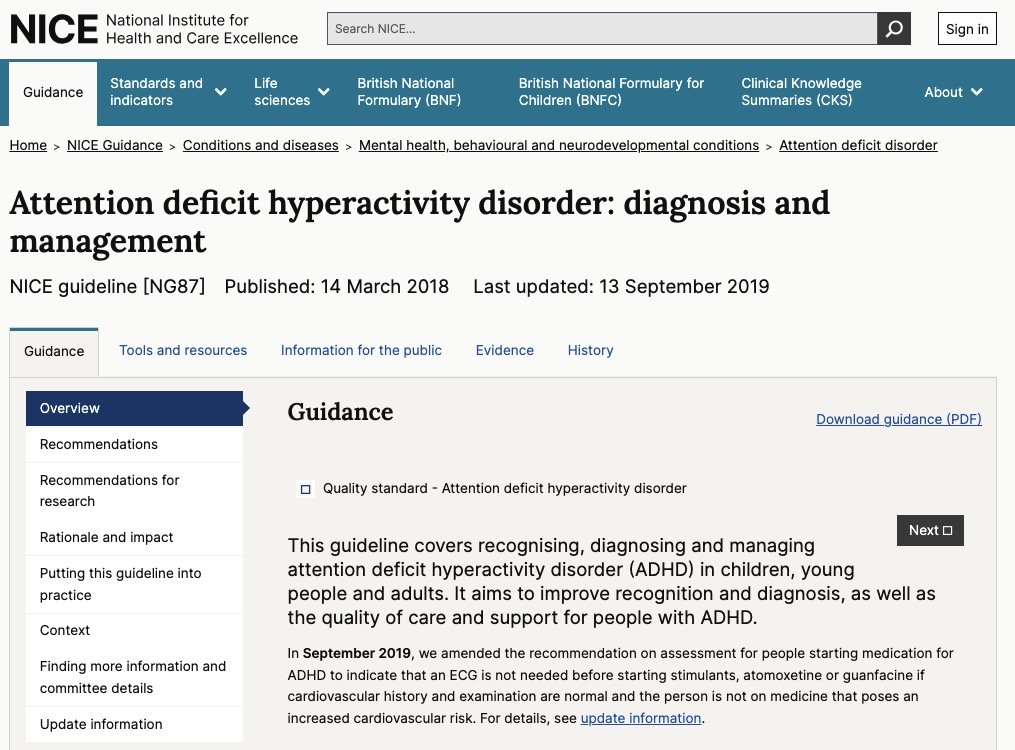 Webpage of NICE guidelines on ADHD diagnosis and management, published 14 March 2018 and updated 13 September 2019. It includes tabs for guidance, tools, resources, and information.
