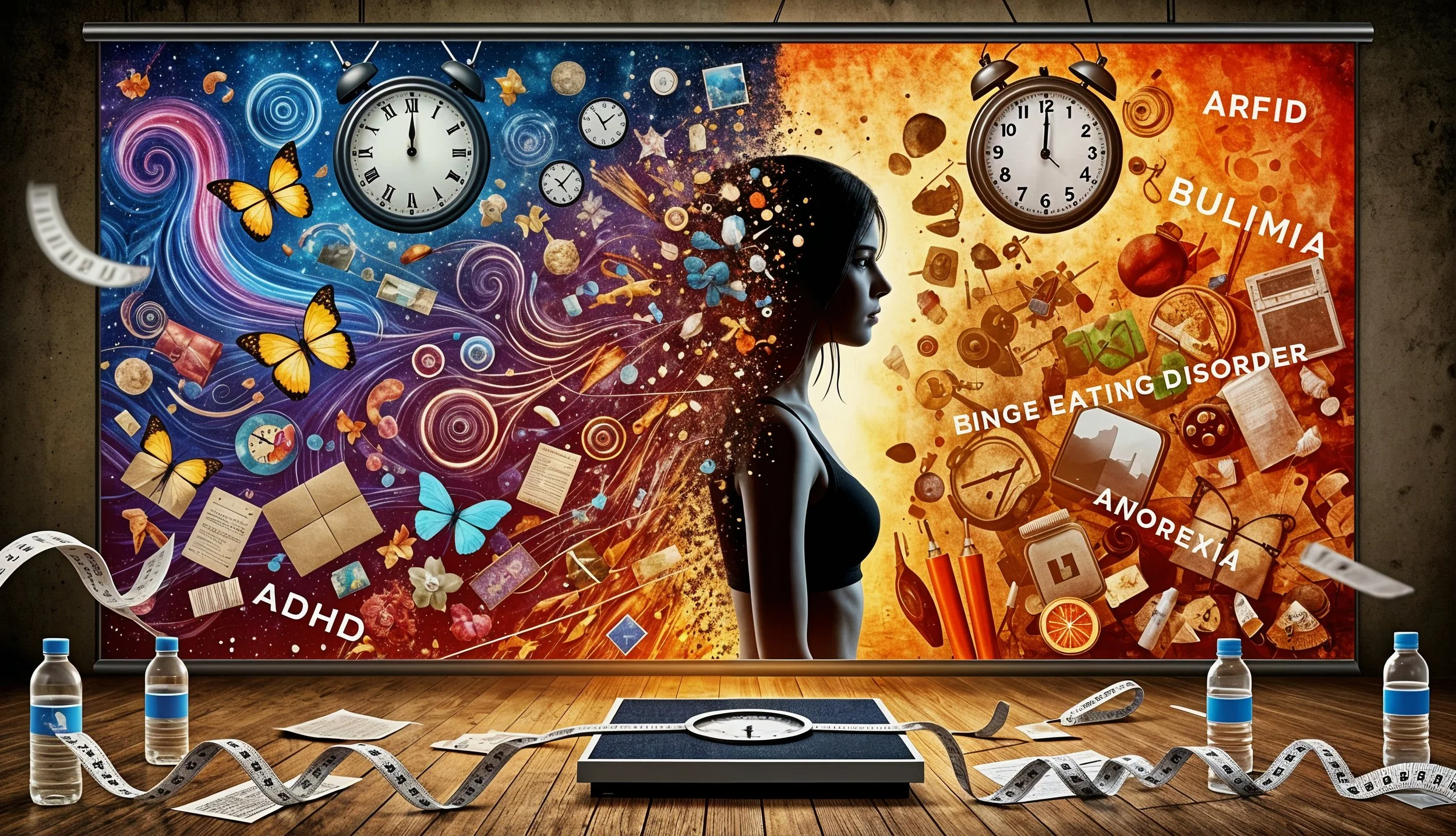 Artistic illustration depicting a woman's silhouette divided by contrasting backgrounds symbolizing ADHD and various eating disorders. Left side shows vibrant colors, clocks, and butterflies for ADHD; right side with orange hues for ARFID, bulimia, binge eating disorder, anorexia. Includes water bottles, measuring tapes, and scales.