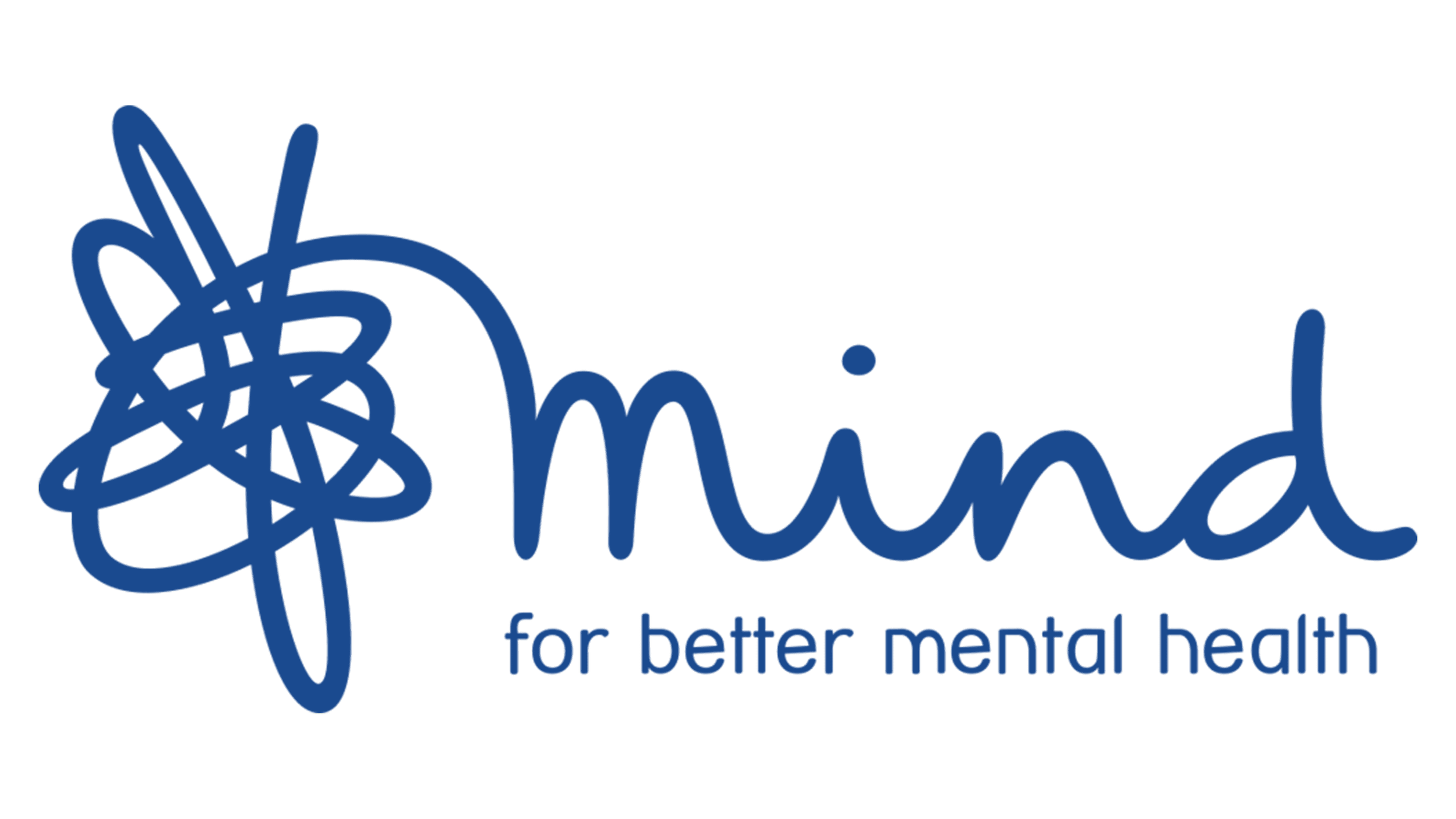 Blue logo of a scribble with the word "mind" and text "for better mental health"