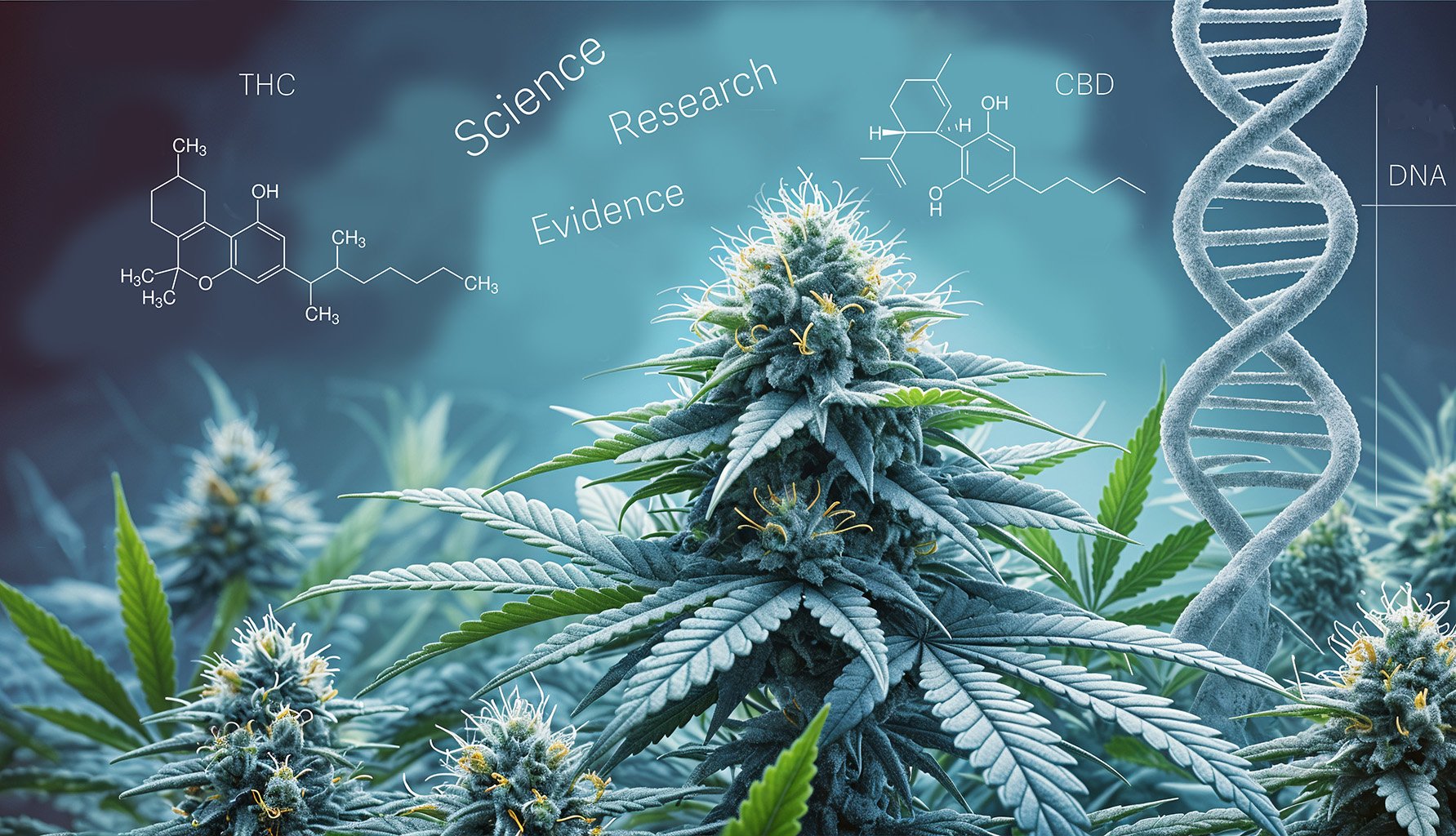 Cannabis plant with DNA helix and chemical structures of THC and CBD, words indicate science, research, evidence.