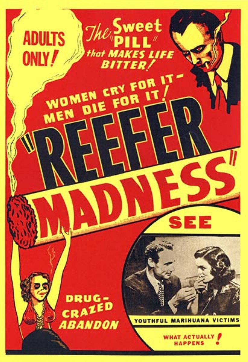 Retro "Reefer Madness" movie poster with bold text and illustrations.