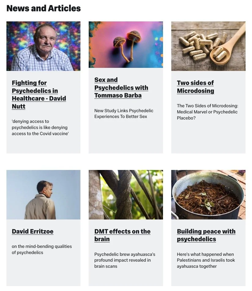 A grid of six news and article thumbnails with headlines and brief descriptions related to psychedelics, psychotherapy, and microdosing.