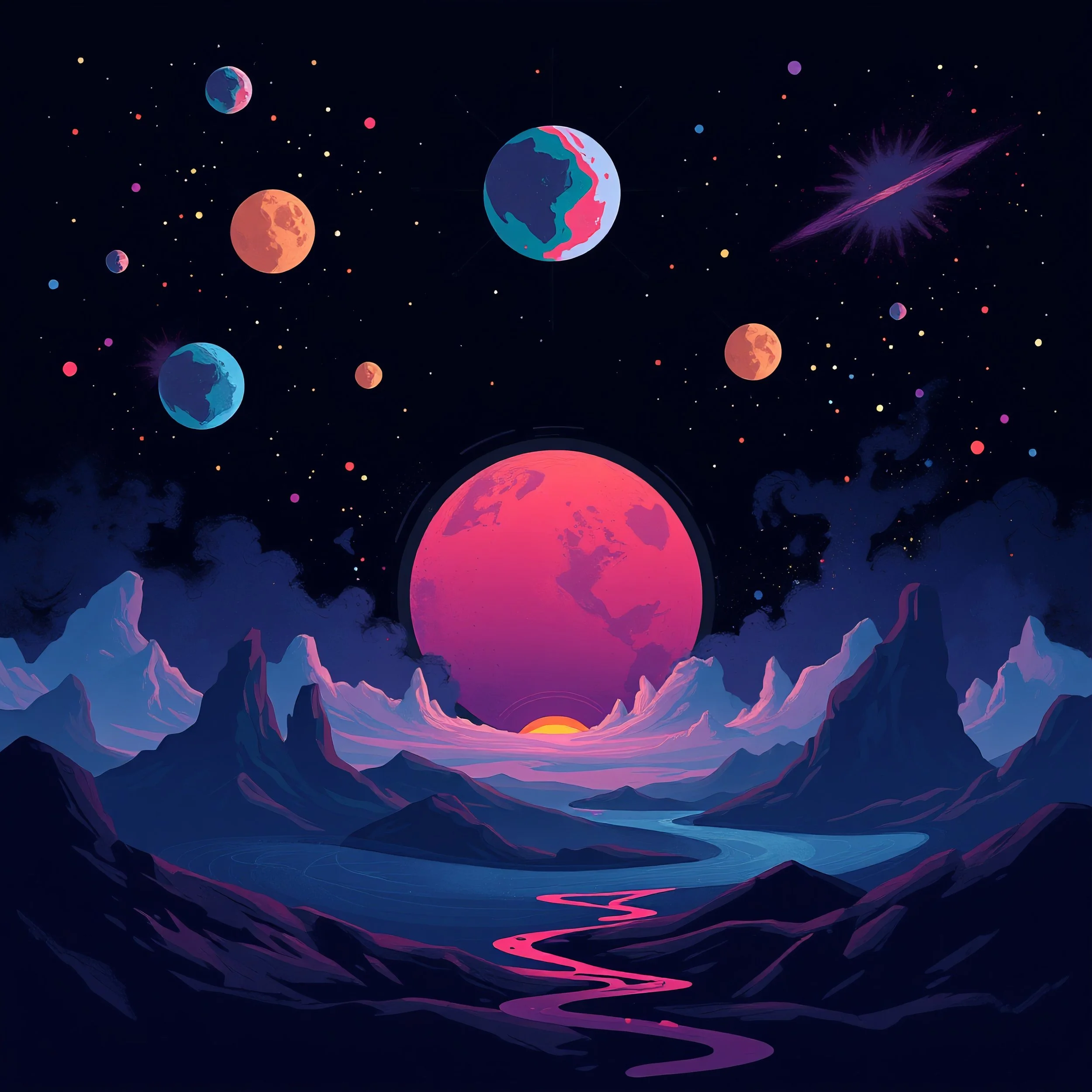 Surreal cosmic landscape with planets, stars, and colorful sky