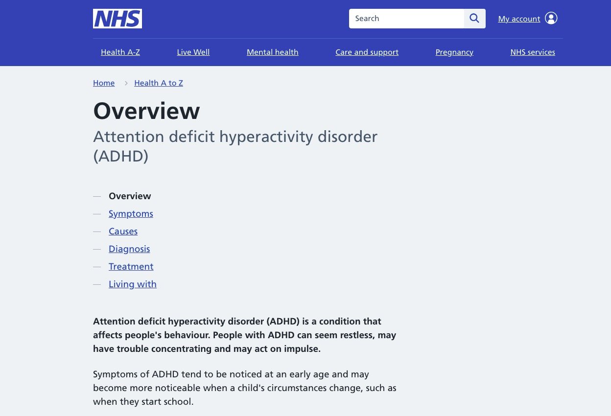 NHS webpage about ADHD overview with sections on symptoms, causes, diagnosis, treatment, and living with ADHD.