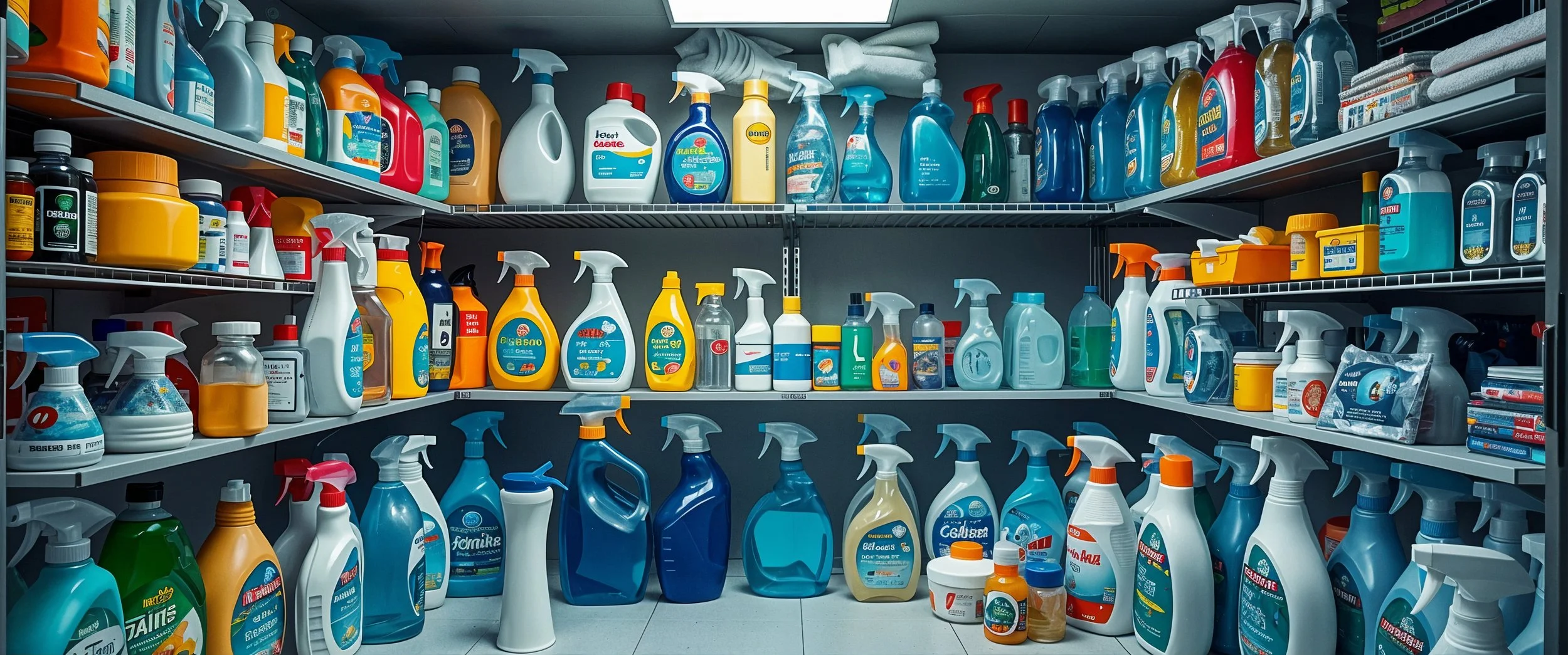Shelves stocked with various cleaning products including spray bottles, liquids, and other household cleaners.