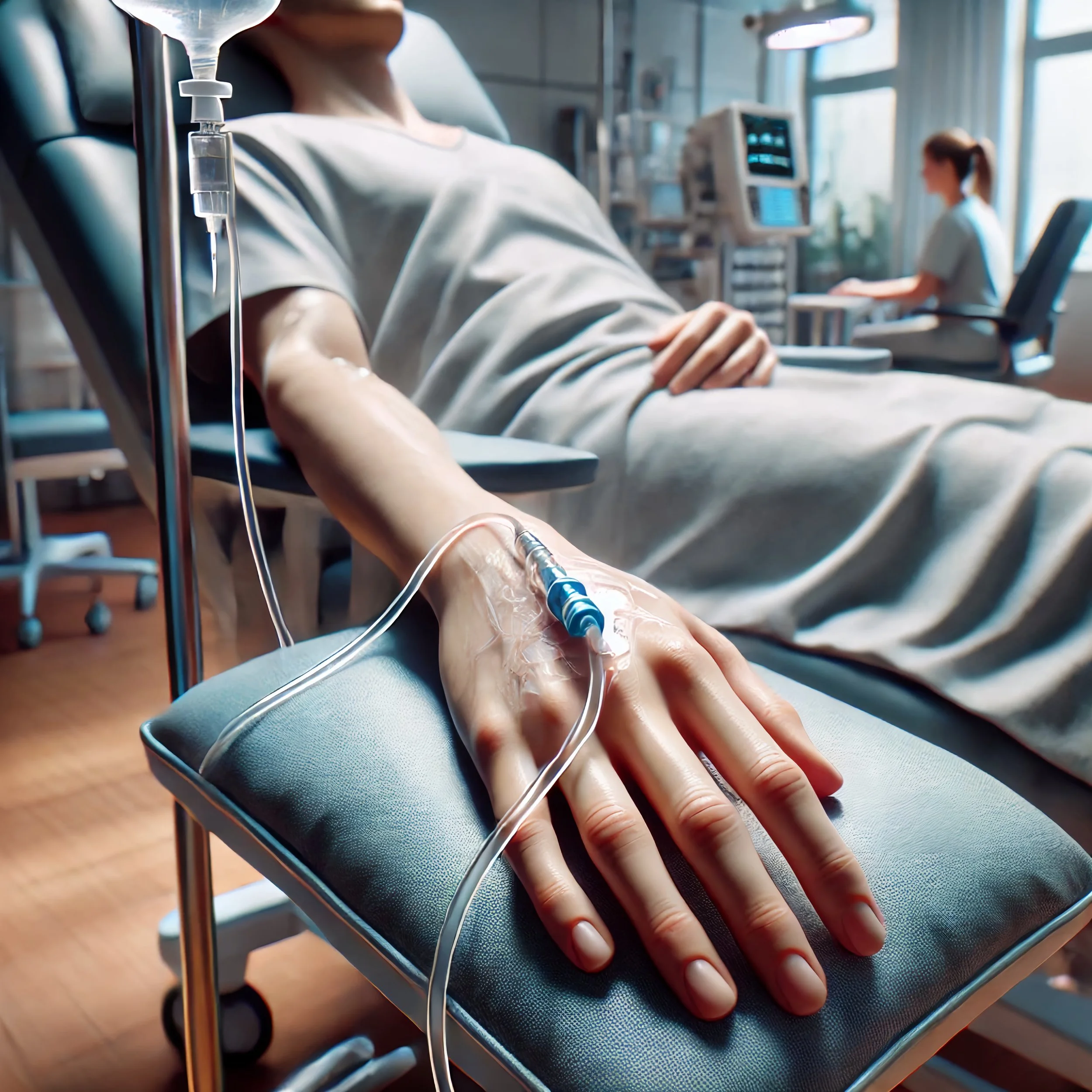 Patient in hospital bed with IV drip in hand, medical setting, healthcare concept.