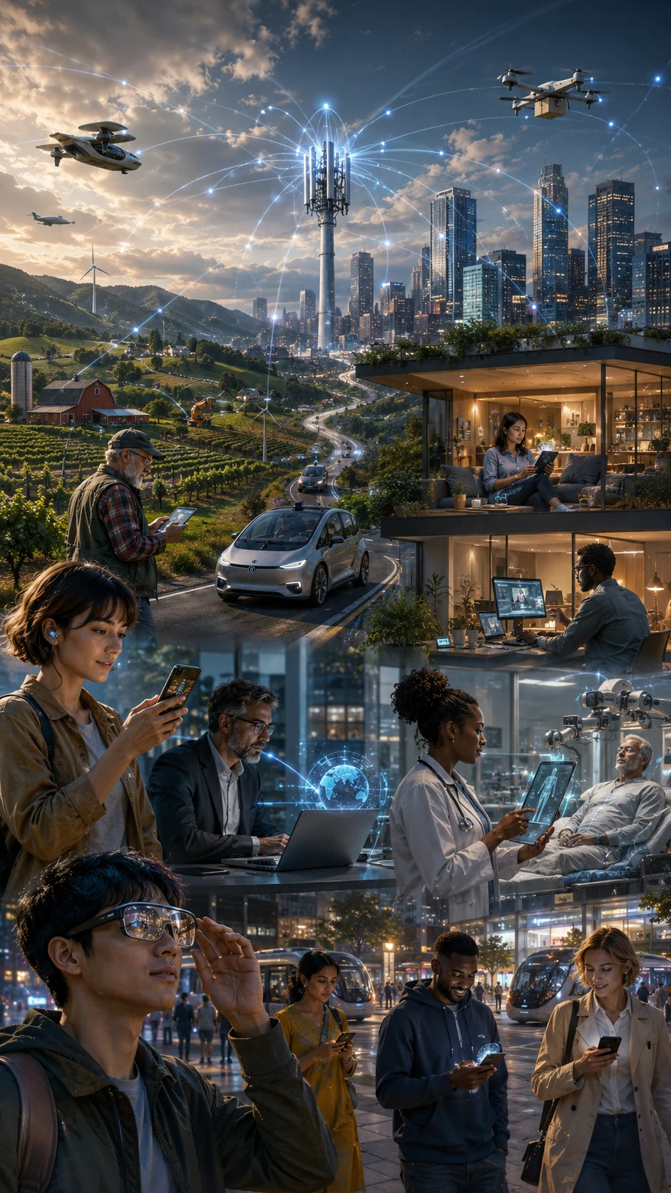 A connected globe, smart city and high-frequency network signals representing the promise and infrastructure demands of future 6G connectivity.