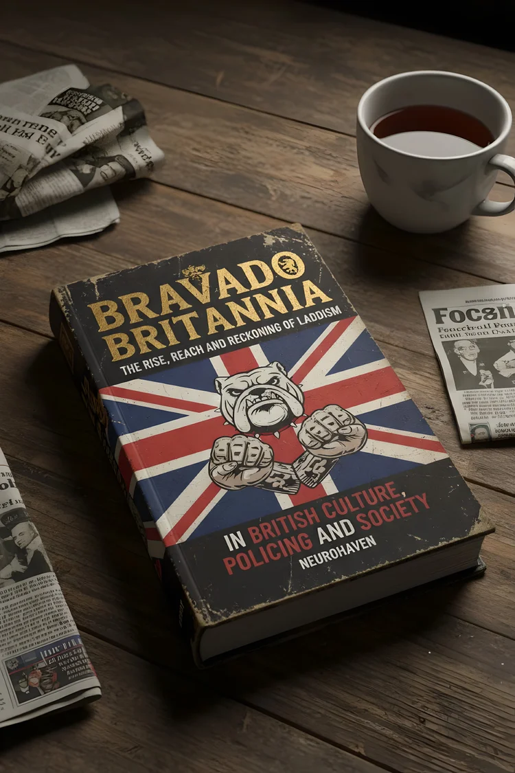 A book titled 'Bravado Britannica' on a wooden table, surrounded by newspapers and a white mug of tea. The book cover features a bulldog fighter with the Union Jack flag in the background.