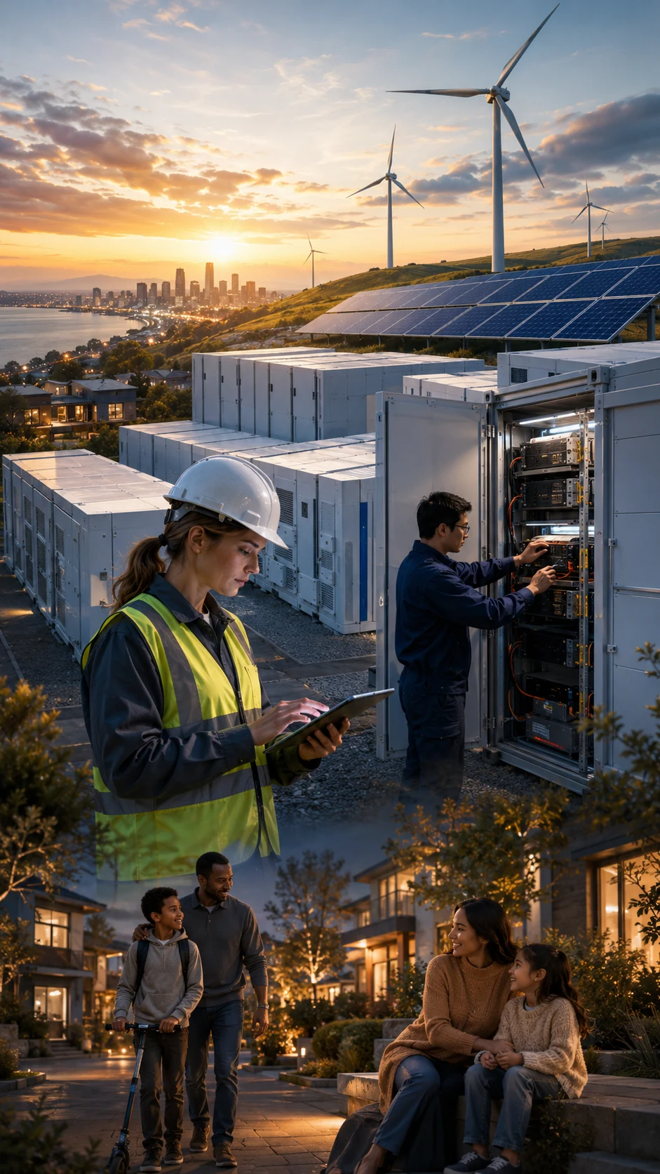 A cutaway solid-state battery connected to renewable energy and an electrical grid.