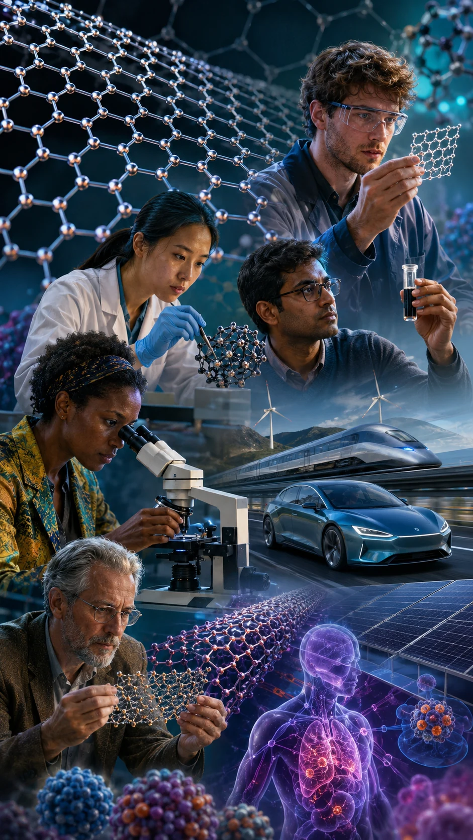 Graphene lattices, nanotubes and layered nanomaterials arranged in a scientific composition.