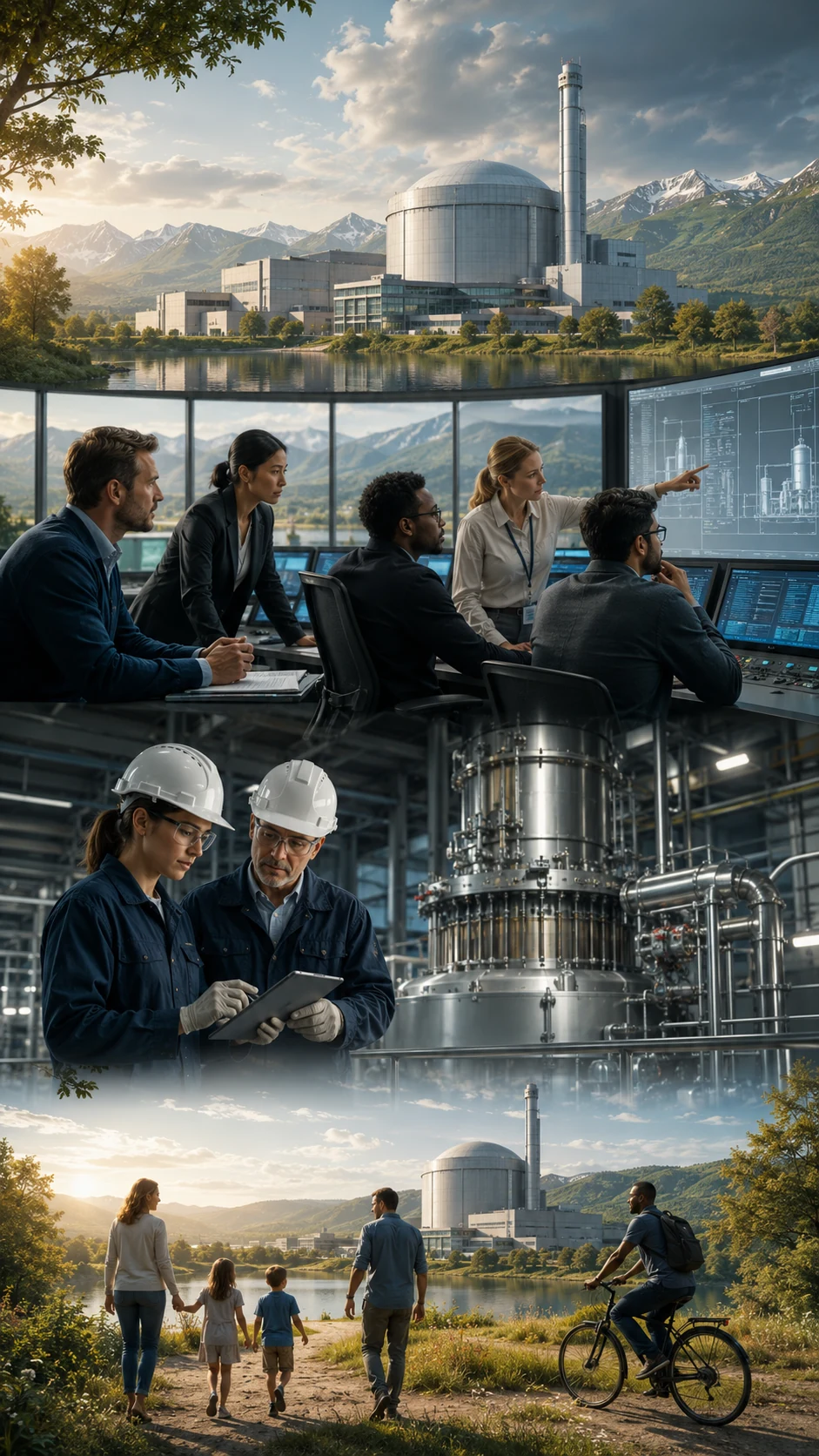 Small modular reactor buildings in a clean energy landscape beneath an atomic symbol.