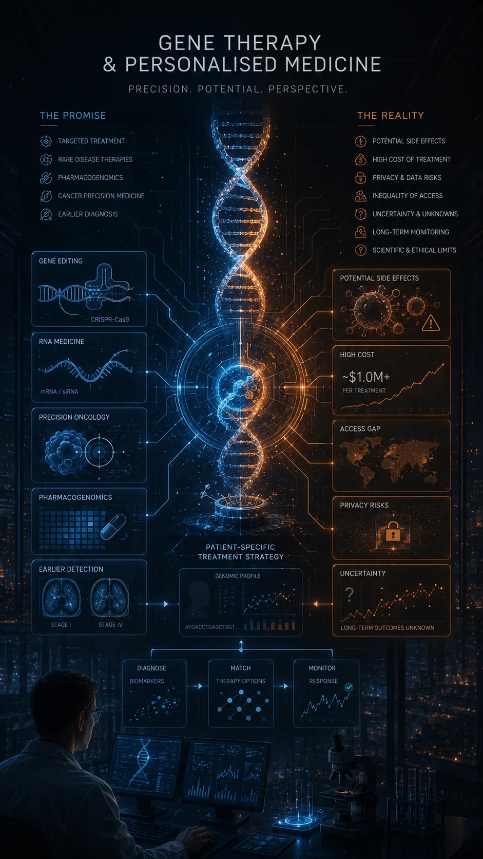 A conceptual illustration of gene therapy and personalised medicine, balancing targeted treatment and innovation with cost, uncertainty, privacy and ethical limits.