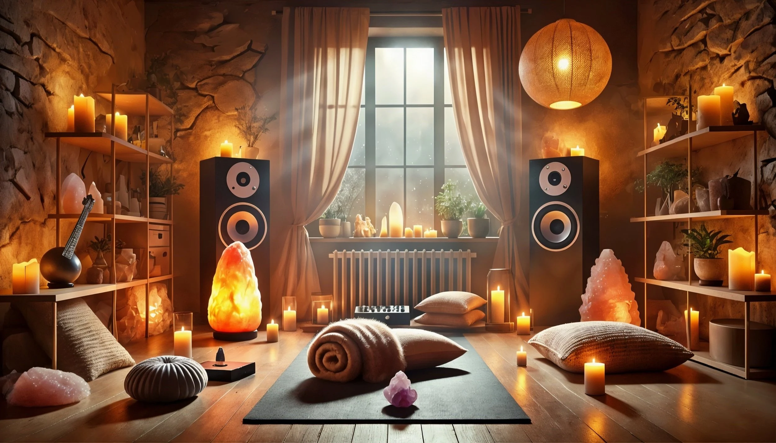 Cozy meditation room with candles, speakers, and plants