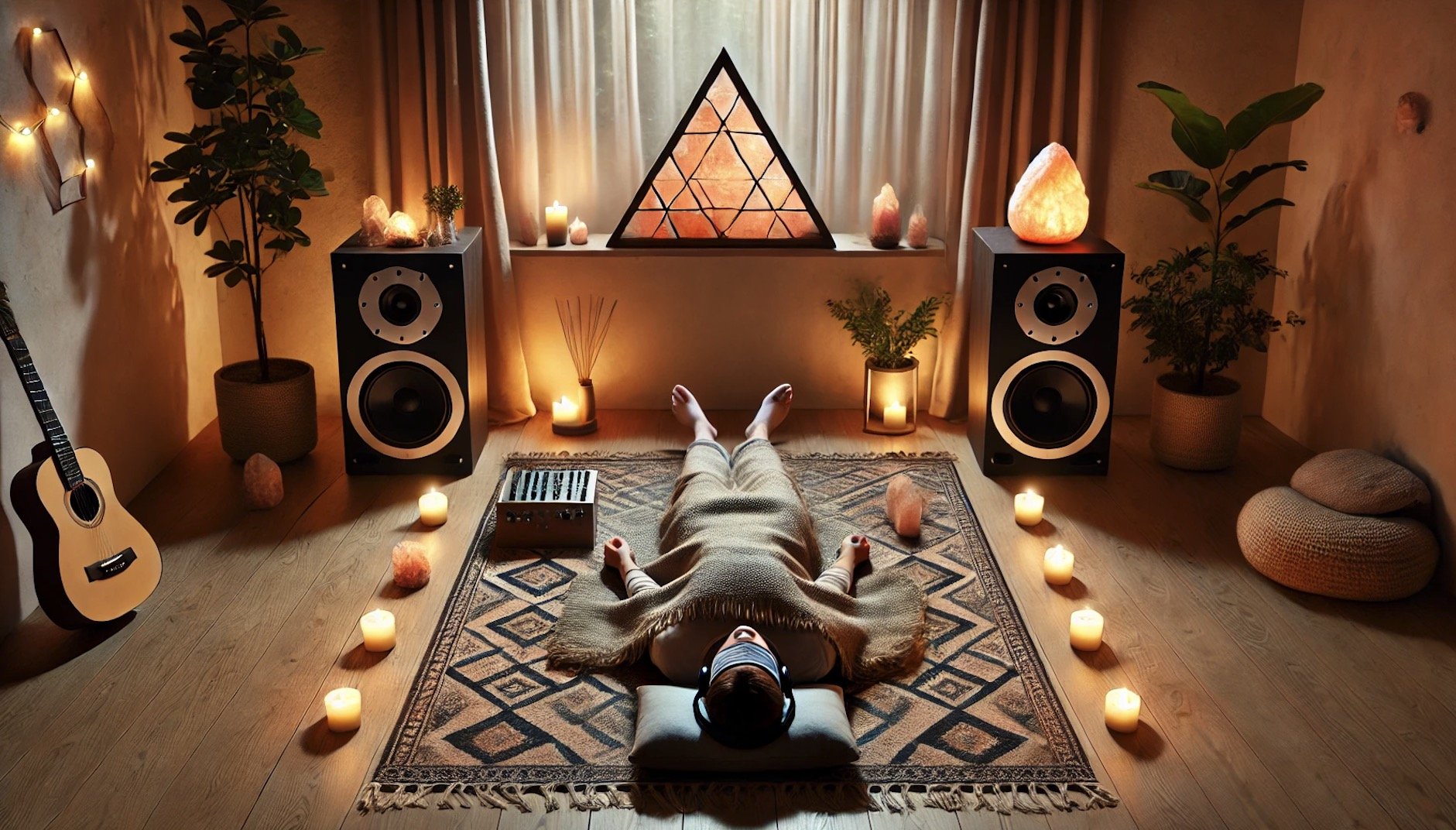 Person in meditation setup, lying on a patterned rug surrounded by candles, Himalayan salt lamps, and speakers, with a guitar and plants in a cozy room.