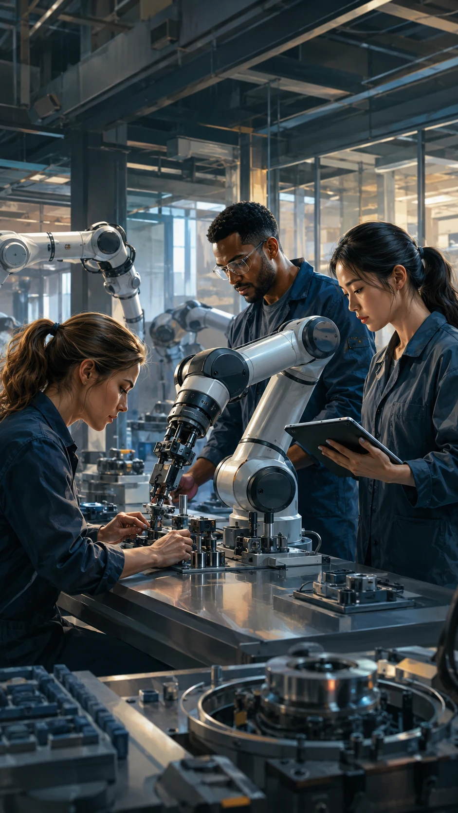 Human engineers and collaborative robots working together in a modern automation lab.