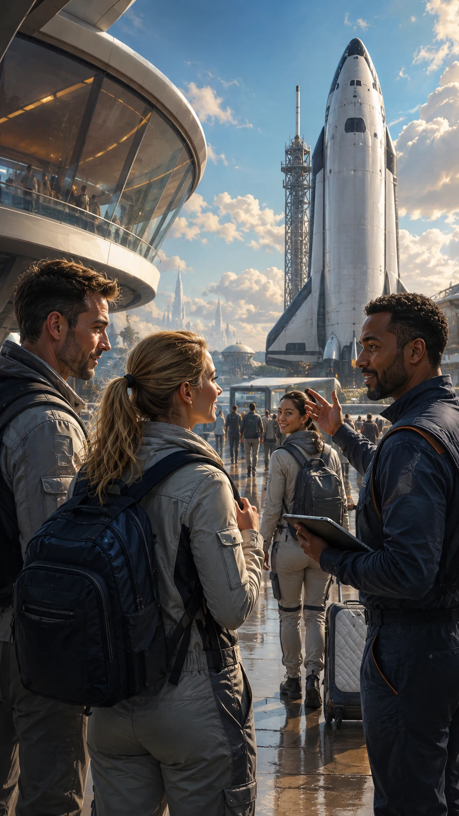 A futuristic civilian space terminal with travelers preparing for commercial orbital flight.