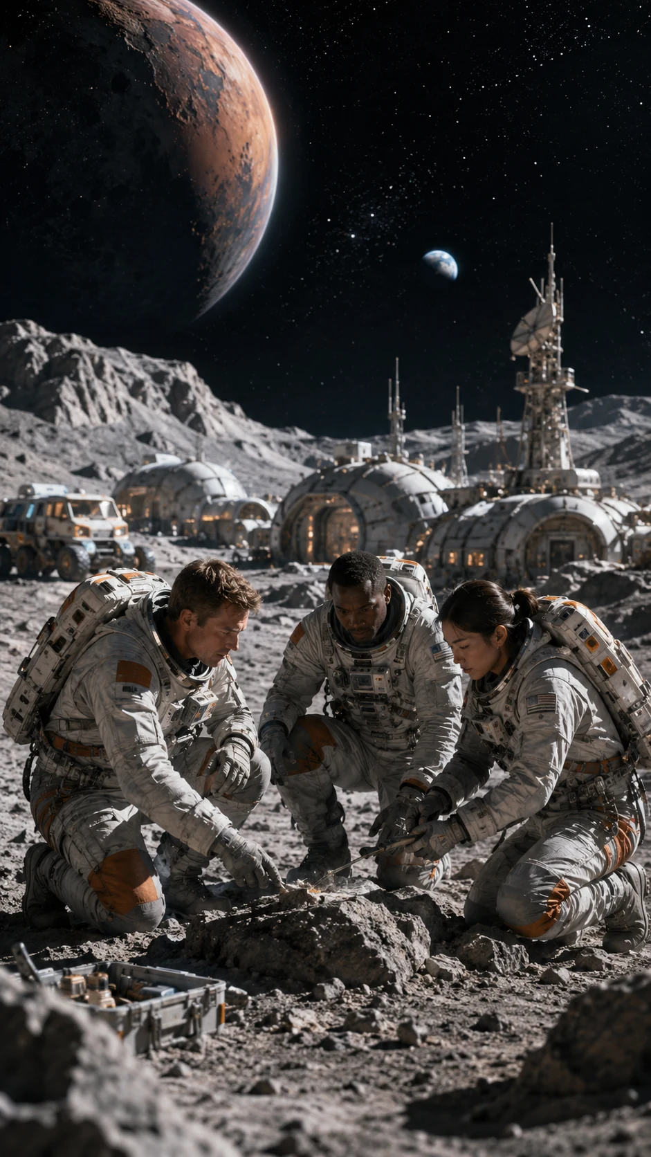 Astronauts conducting field science at a lunar outpost beneath a dramatic planetary sky.