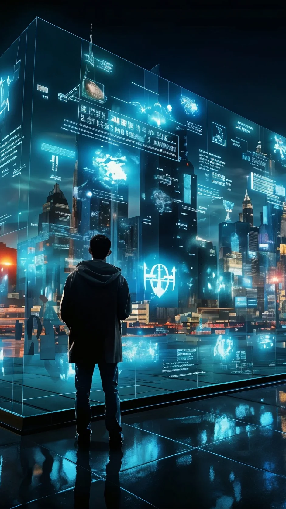 A person interacting with a large immersive holographic environment that blends physical and digital space.