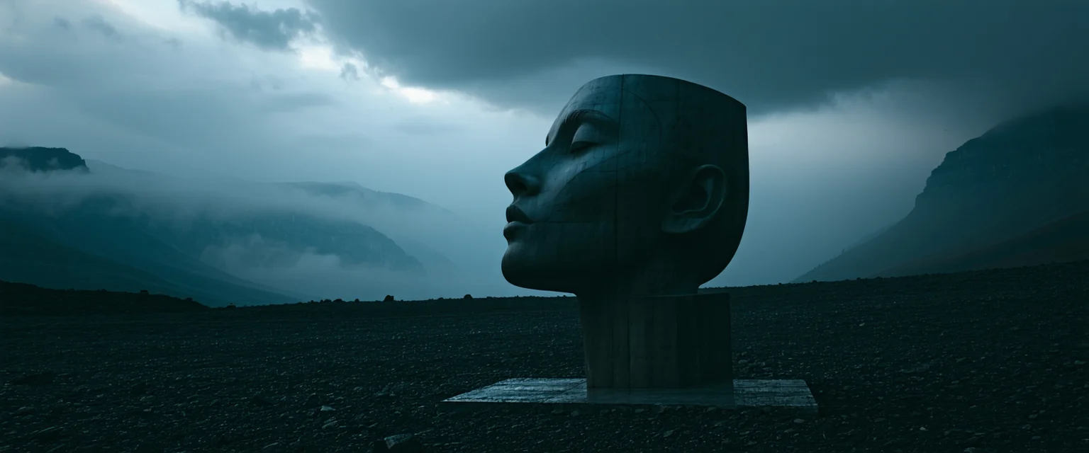 A abstract sculpture with moderate detail set outdoors against a dark and moody backdrop dark lig 4 acfab8db