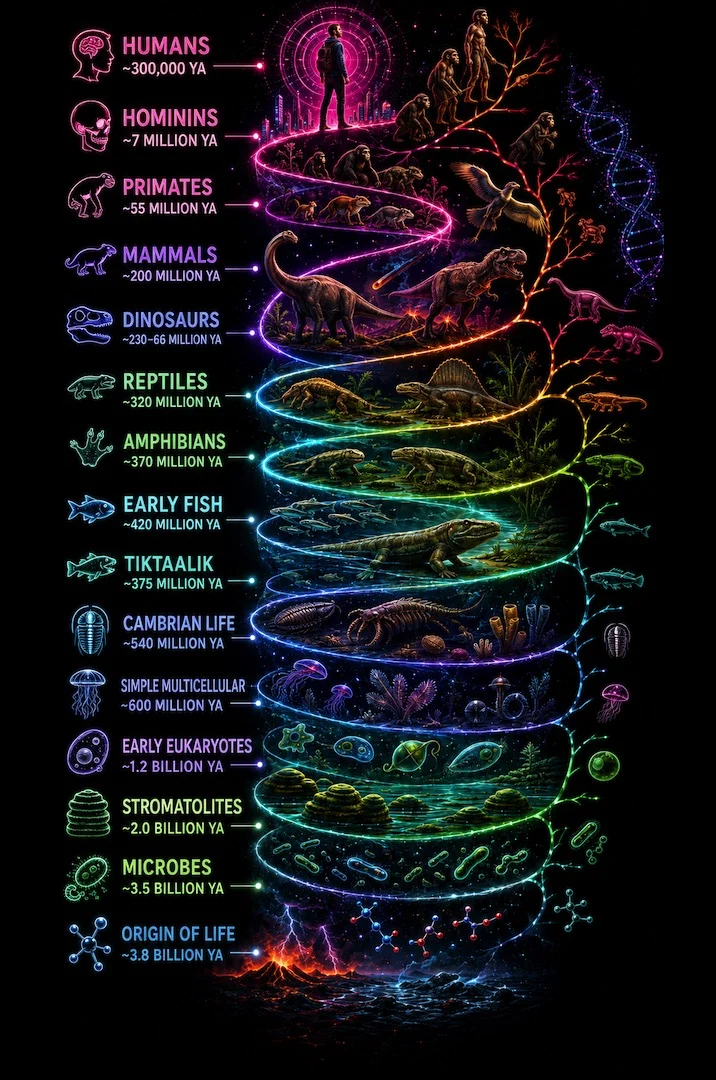 A layered natural-history scene showing life branching across deep time from early organisms to diverse animals and modern humans.